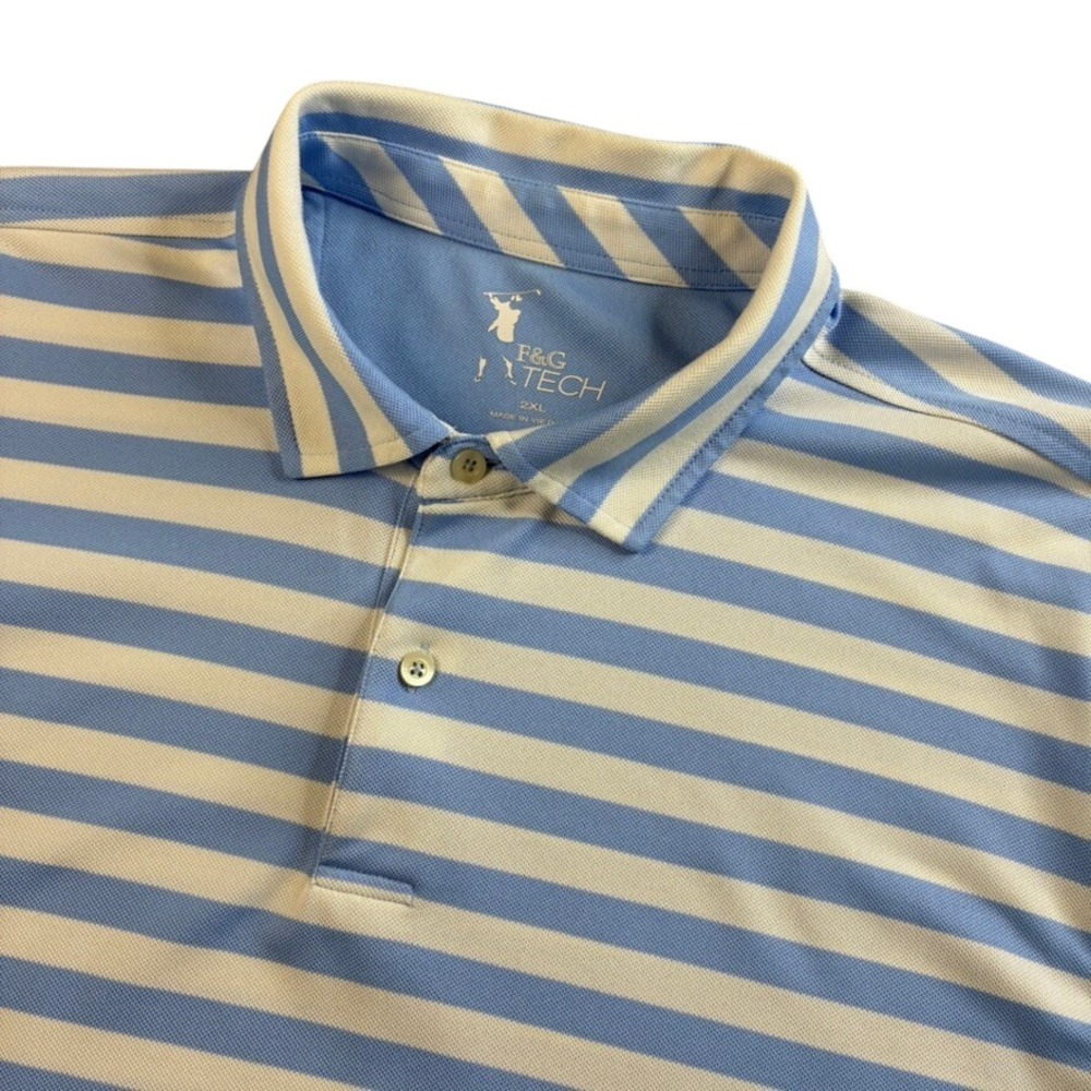 F&G Tech Mens 2XL Blue White Striped Performance Golf Polo Shirt Wicking Stretch